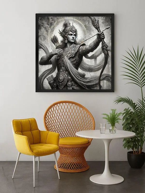 Box_Fiber_Frame_Arjuna_the_Archer_in_Battle_Canvas-Wrapped_Painting,_�_Black_and_White_Epic_Art_24X24_Inches_(BLF24X240530)