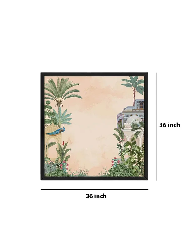 Box_Fiber_Frame_Traditional_Indian_Garden_Art_Print_-_Elegant_Peacock_and_Tropical_Foliage_with_Historic_Architecture_for_Serene_Home_D�cor_(BLF36X360148)