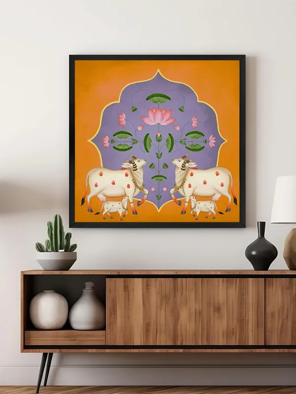 Box_Fiber_Frame_Vibrant_Ornamental_Cow_and_Lotus_Flower_Art_Print_-_Traditional_Decorative_Painting_with_Bold_Color_Palette_and_Elegant_Gold_Accents_(BLF24X240171)