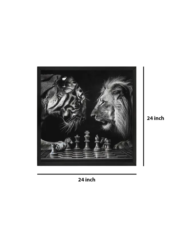 Box_Fiber_Frame_Chess_Match_Between_Tiger_and_Lion_Canvas-Wrapped_Painting_24X24_-_Black_and_White_Symbolism_(BLF24X240371)