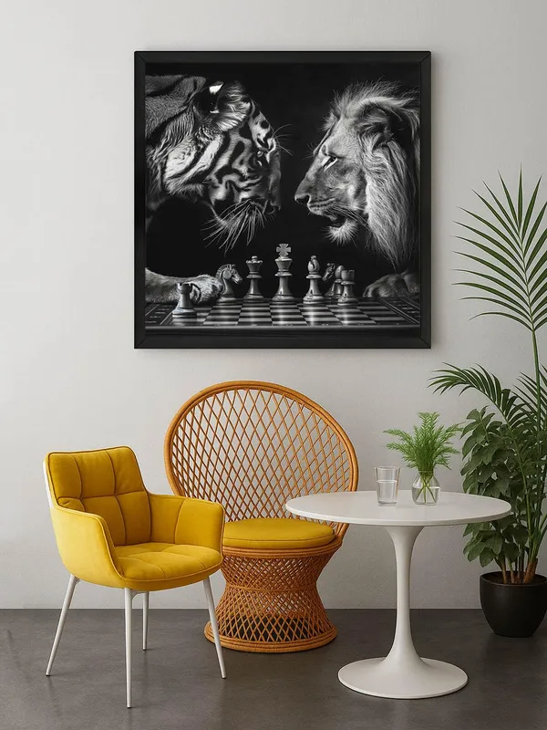 Box_Fiber_Frame_Chess_Match_Between_Tiger_and_Lion_Canvas-Wrapped_Painting_24X24_-_Black_and_White_Symbolism_(BLF24X240371)