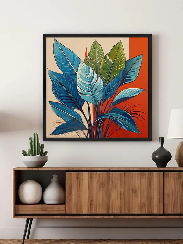 Box_Fiber_Frame_Modern_Botanical_Art_Print_-_Blue_and_Green_Leaves_on_Red_and_Beige_Background_for_Contemporary_Home_D�cor_(BLF36X360135)