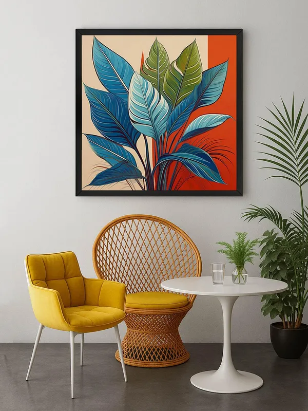 Box_Fiber_Frame_Modern_Botanical_Art_Print_-_Blue_and_Green_Leaves_on_Red_and_Beige_Background_for_Contemporary_Home_D�cor_(BLF36X360135)