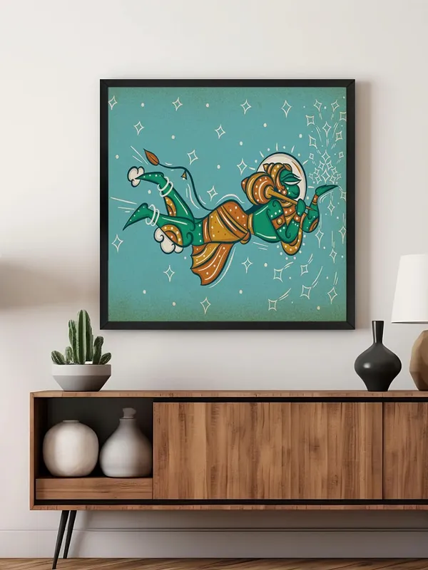 Box_Fiber_Frame_Mythical_Hanuman_Flying_with_the_Mountain_of_Herbs_in_Indian_Folk_Style_-_Canvas_Painting_|_Ramayana_Art,_Indian_Mythology_Decor,_Hanuman_Wall_Art_(BLF36X360254)