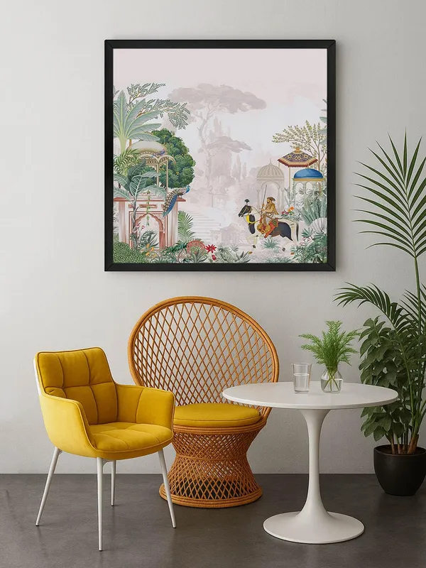 Box_Fiber_Frame_Traditional_Indian_Garden_Art_Print_-_Elegant_Peacocks,_Historical_Figures,_and_Lush_Foliage_with_Soft_Pastel_Tones_(BLF36X360155)