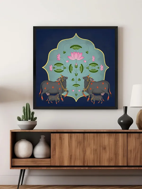 Box_Fiber_Frame_Traditional_Indian_Art_Print_-_Ornate_Black_Cows_and_Lotus_Flowers_on_Blue_Background_(BLF36X360138)