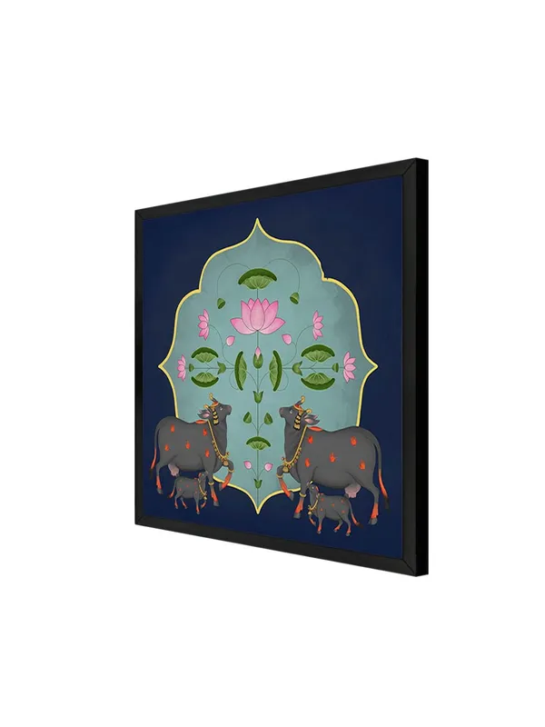 Box_Fiber_Frame_Traditional_Indian_Art_Print_-_Ornate_Black_Cows_and_Lotus_Flowers_on_Blue_Background_(BLF36X360138)
