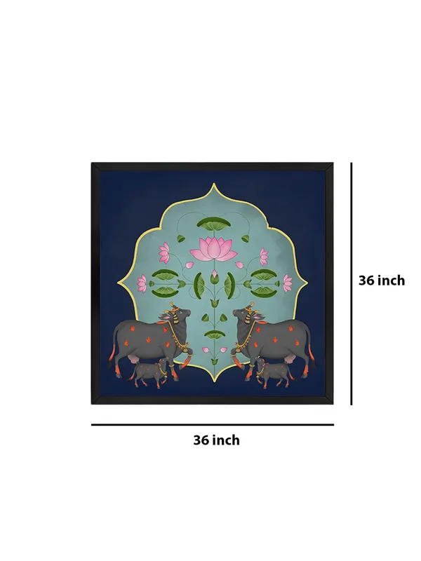 Box_Fiber_Frame_Traditional_Indian_Art_Print_-_Ornate_Black_Cows_and_Lotus_Flowers_on_Blue_Background_(BLF36X360138)