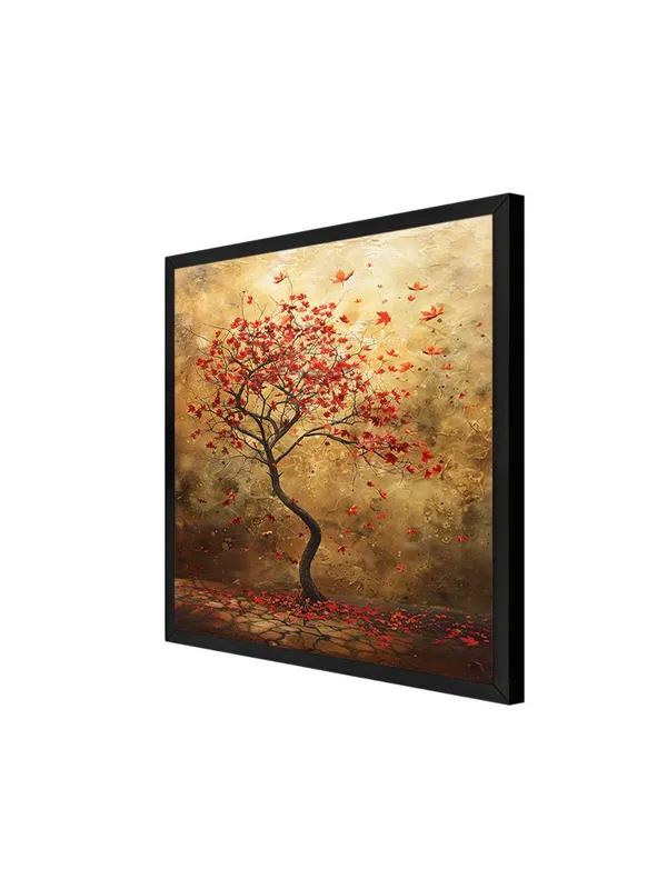 Box_Fiber_Frame_Autumn's_Whisper_a_solitary_tree_with_red_leaves_with_leaves_gently_falling_to_the_ground_tree_of_life_wall_painting_(BLF24X240185)