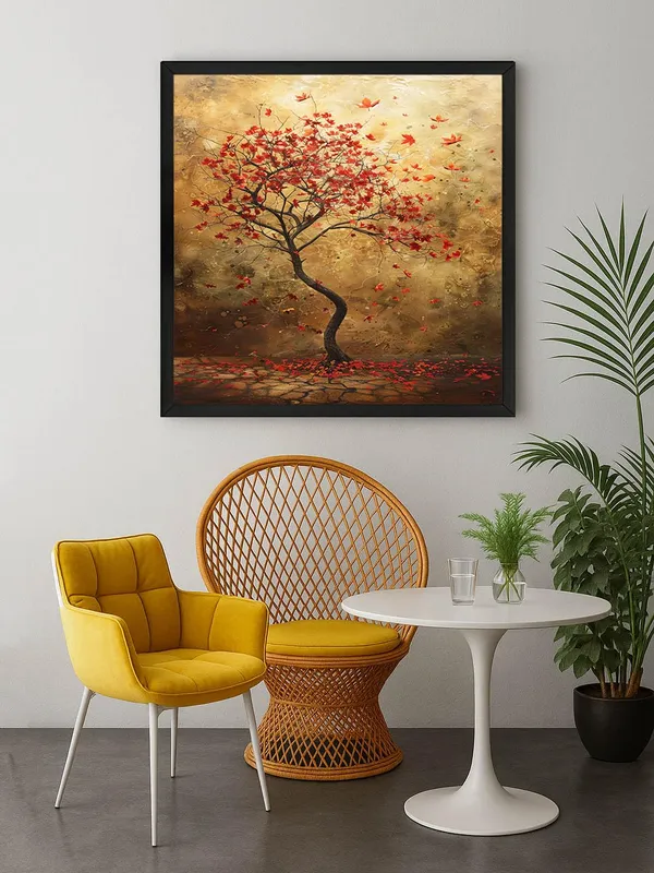 Box_Fiber_Frame_Autumn's_Whisper_a_solitary_tree_with_red_leaves_with_leaves_gently_falling_to_the_ground_tree_of_life_wall_painting_(BLF24X240185)