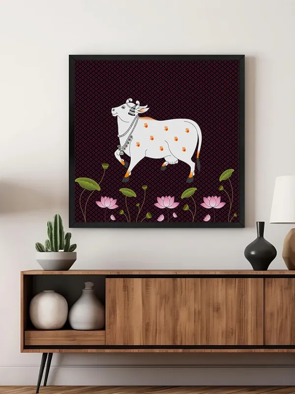 Box_Fiber_Frame_Traditional_Indian_Pichwai_Cow_Art_Print_-_Decorative_White_Cow_with_Jewelry_and_Lotus_Flowers_(BLF24X240137)