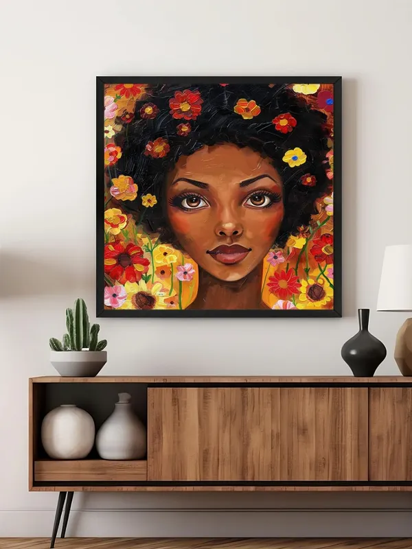 Box_Fiber_Frame_Floral_Fantasy_Canvas-Wrapped_Painting_24X24_�_Whimsical_African_Woman_with_Flowers_(BLF24X240485)