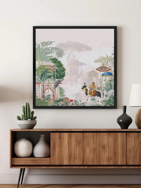 Box_Fiber_Frame_Traditional_Indian_Garden_Art_Print_-_Elegant_Peacocks,_Historical_Figures,_and_Lush_Foliage_with_Soft_Pastel_Tones_(BLF24X240155)