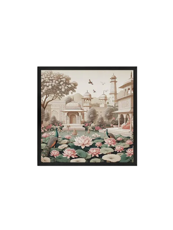 Box_Fiber_Frame_Traditional_Indian_Garden_Art_Print_-_Serene_Lotus_Pond_and_Elegant_Architecture_with_Peacocks_for_Tranquil_Home_D�cor_(BLF24X240158)