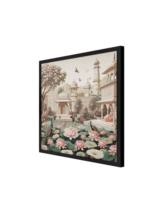 Box_Fiber_Frame_Traditional_Indian_Garden_Art_Print_-_Serene_Lotus_Pond_and_Elegant_Architecture_with_Peacocks_for_Tranquil_Home_D�cor_(BLF24X240158)
