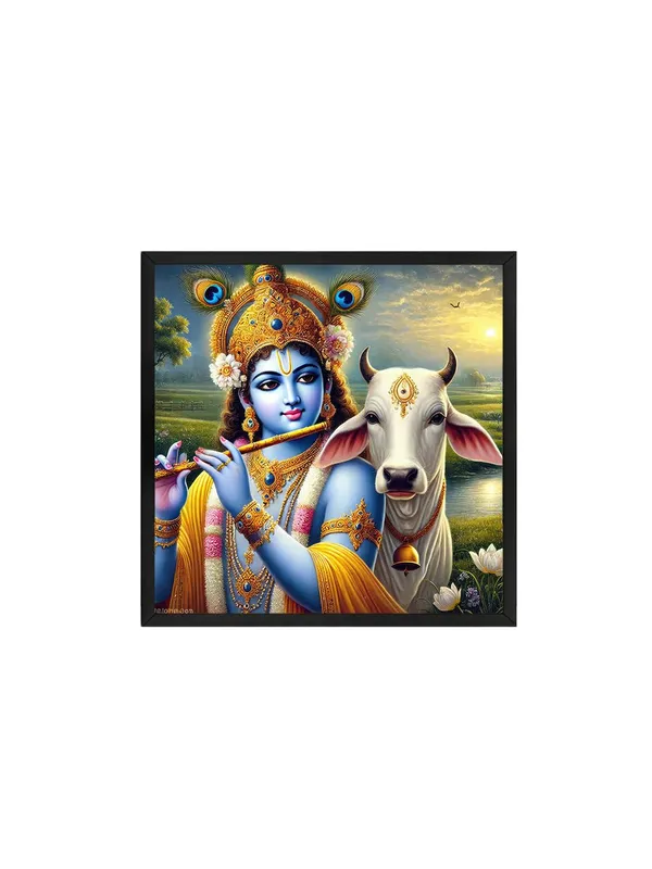 Box_Fiber_Frame_Canvas_Wrapped_Painting_of_Krishna_with_Cow_in_Rural_Scenery_-_Traditional_Indian_Decor_for_Home_-36X36_Inches_(BLF36X360513)