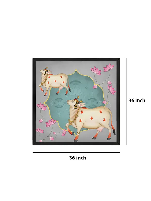 Box_Fiber_Frame_Ornamental_Cow_and_Lotus_Flower_Art_Print_-_Decorative_Traditional_Painting_with_Soft_Color_Palette_and_Elegant_Gold_Accents_(BLF36X360170)