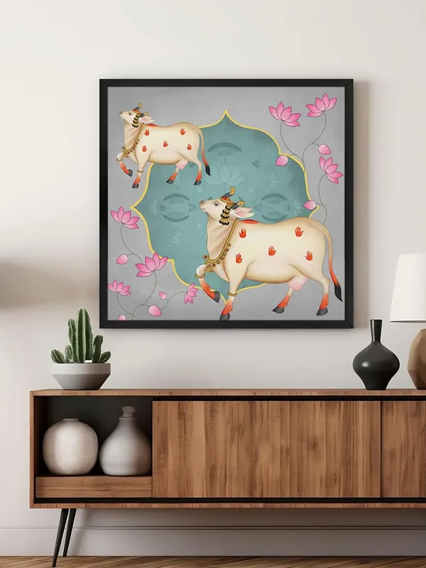 Box_Fiber_Frame_Ornamental_Cow_and_Lotus_Flower_Art_Print_-_Decorative_Traditional_Painting_with_Soft_Color_Palette_and_Elegant_Gold_Accents_(BLF36X360170)