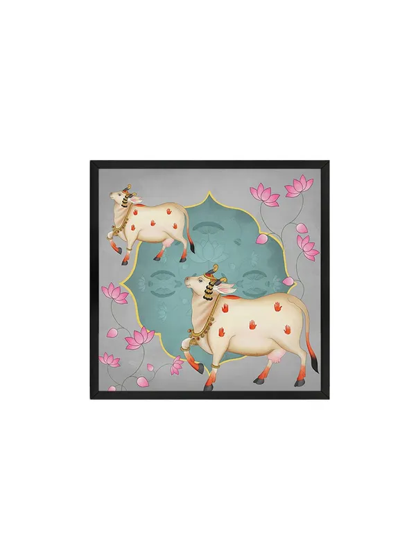 Box_Fiber_Frame_Ornamental_Cow_and_Lotus_Flower_Art_Print_-_Decorative_Traditional_Painting_with_Soft_Color_Palette_and_Elegant_Gold_Accents_(BLF36X360170)