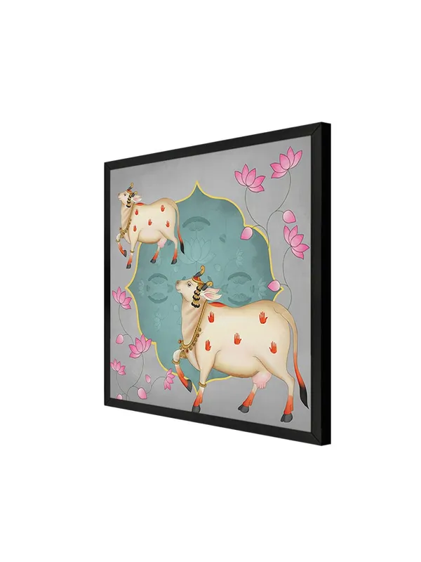 Box_Fiber_Frame_Ornamental_Cow_and_Lotus_Flower_Art_Print_-_Decorative_Traditional_Painting_with_Soft_Color_Palette_and_Elegant_Gold_Accents_(BLF36X360170)
