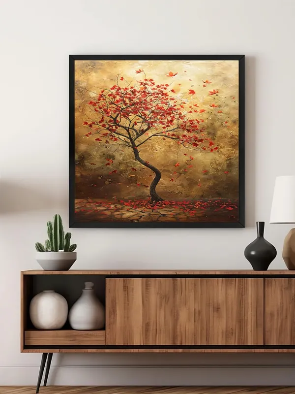Box_Fiber_Frame_Autumn's_Whisper_a_solitary_tree_with_red_leaves_with_leaves_gently_falling_to_the_ground_tree_of_life_wall_painting_(BLF36X360185)