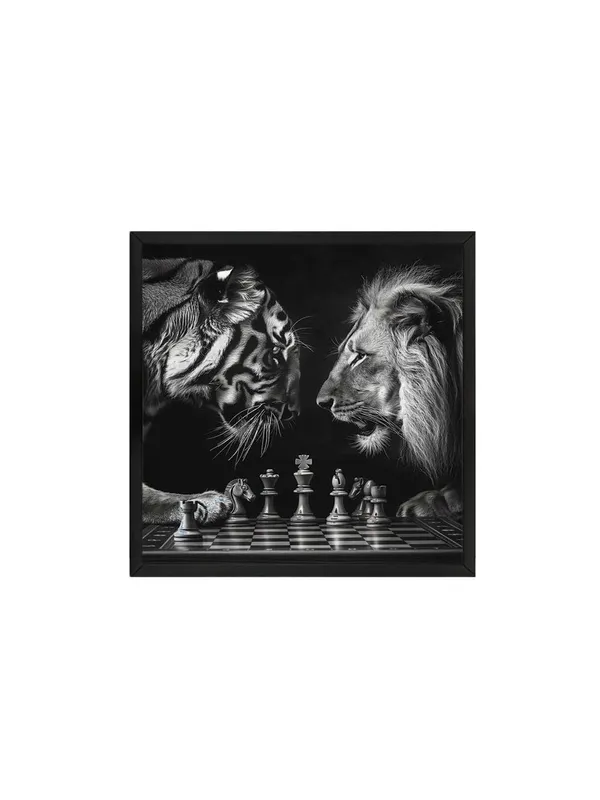 Box_Fiber_Frame_Chess_Match_Between_Tiger_and_Lion_Canvas-Wrapped_Painting_36X36_-_Black_and_White_Symbolism_(BLF36X360371)