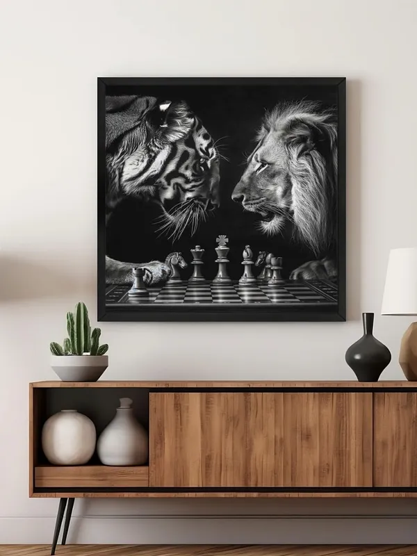 Box_Fiber_Frame_Chess_Match_Between_Tiger_and_Lion_Canvas-Wrapped_Painting_36X36_-_Black_and_White_Symbolism_(BLF36X360371)