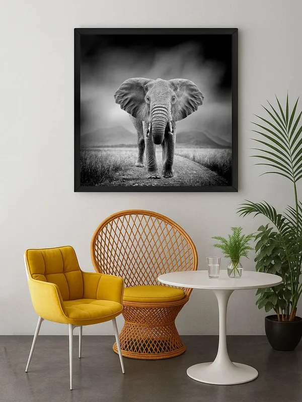 Box_Fiber_Frame_Majestic_Elephant_Canvas-Wrapped_Painting_24X24_-_Black_and_White_Safari_Scene_(BLF24X240350)