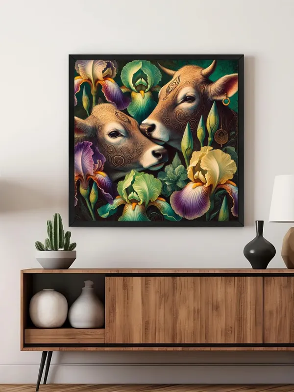 Box_Fiber_Frame_Canvas_Wrapped_Painting_of_Two_Cows_with_Flowers_-_Rustic_Art_for_Traditional_Homes_-_36X36_Inches_(BLF36X360560)