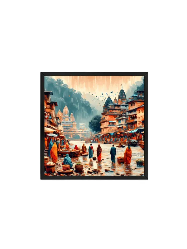 Box_Fiber_Frame_Monsoon_in_the_Sacred_City_of_people_walking_along_the_riverbanks_in_a_city,_with_raindrops_city_painting_for_wall_decoration_(BLF24X240182)