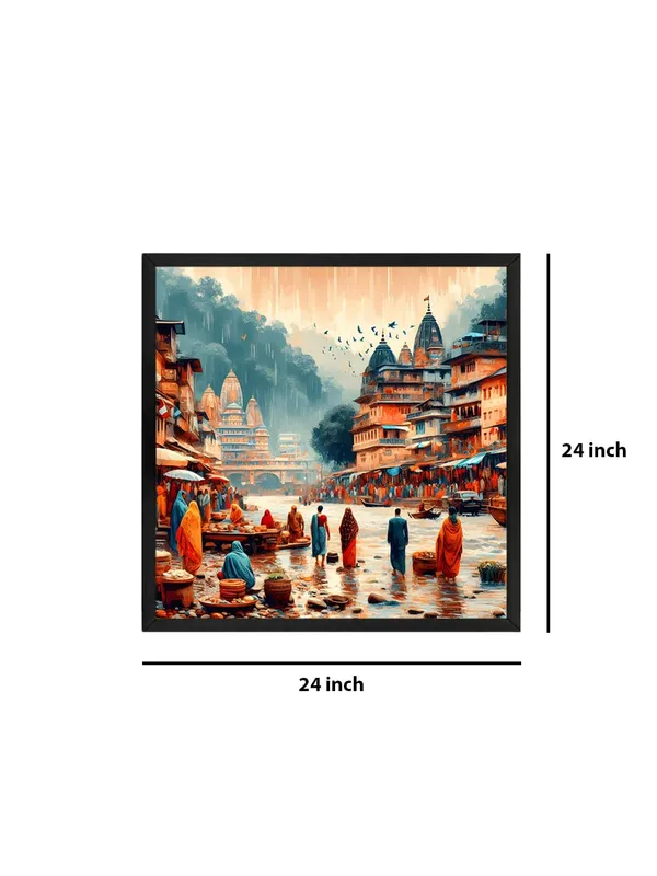 Box_Fiber_Frame_Monsoon_in_the_Sacred_City_of_people_walking_along_the_riverbanks_in_a_city,_with_raindrops_city_painting_for_wall_decoration_(BLF24X240182)