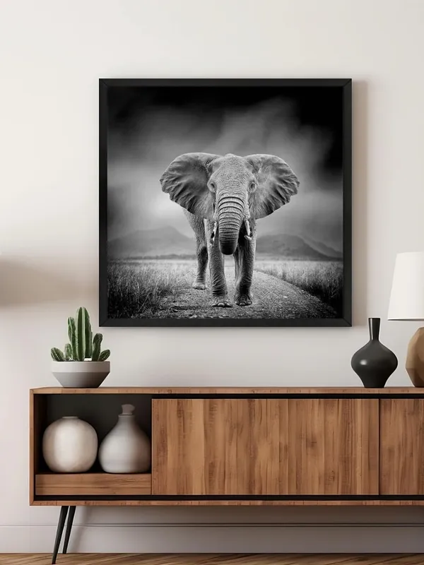 Box_Fiber_Frame_Majestic_Elephant_Canvas-Wrapped_Painting_36X36_-_Black_and_White_Safari_Scene_(BLF36X360350)