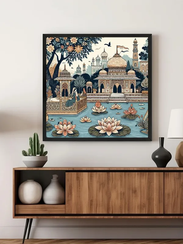 Box_Fiber_Frame_Traditional_Indian_Palace_with_Lotus_Pond_indian_art_painting_with_frame_(BLF24X240201)
