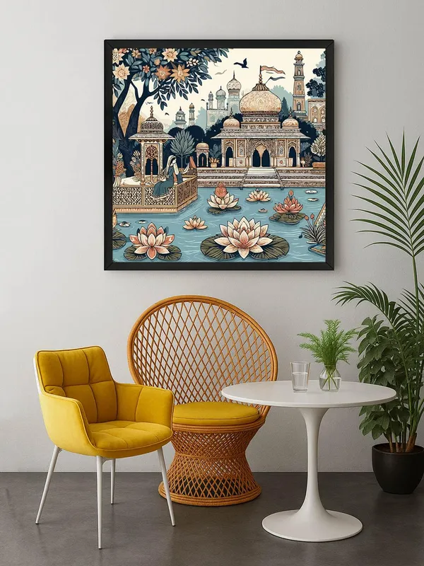 Box_Fiber_Frame_Traditional_Indian_Palace_with_Lotus_Pond_indian_art_painting_with_frame_(BLF24X240201)