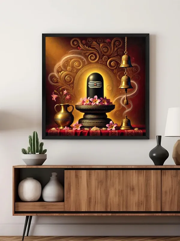 Box_Fiber_Frame_Shivlinga_Puja_Canvas_Painting_Art:_Sacred_Hindu_Ritual_Artwork_with_Flowers_and_Bells_for_Spiritual_Home_and_Temple_D�cor_(BLF24X240281)