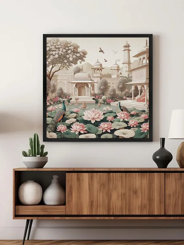 Box_Fiber_Frame_Traditional_Indian_Garden_Art_Print_-_Serene_Lotus_Pond_and_Elegant_Architecture_with_Peacocks_for_Tranquil_Home_D�cor_(BLF36X360158)