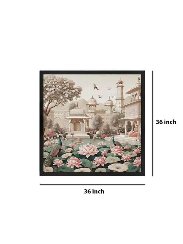 Box_Fiber_Frame_Traditional_Indian_Garden_Art_Print_-_Serene_Lotus_Pond_and_Elegant_Architecture_with_Peacocks_for_Tranquil_Home_D�cor_(BLF36X360158)