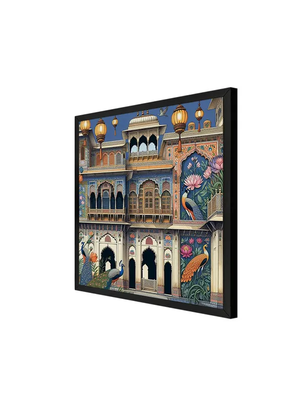 Box_Fiber_Frame_Traditional_Indian_Palace_Art_Print_-_Vibrant_Facade_with_Ornate_Architecture,_Intricate_Murals,_and_Elegant_Peacocks_(BLF24X240163)
