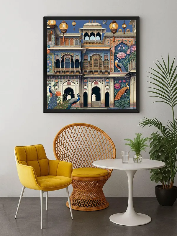Box_Fiber_Frame_Traditional_Indian_Palace_Art_Print_-_Vibrant_Facade_with_Ornate_Architecture,_Intricate_Murals,_and_Elegant_Peacocks_(BLF24X240163)