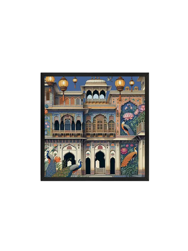 Box_Fiber_Frame_Traditional_Indian_Palace_Art_Print_-_Vibrant_Facade_with_Ornate_Architecture,_Intricate_Murals,_and_Elegant_Peacocks_(BLF24X240163)