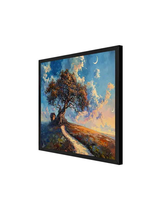 Box_Fiber_Frame_The_Path_of_Tranquility_with_the_tree_and_a_winding_path_leading_to_a_small_house_under_a_crescent_moontree_of_life_painting_(BLF36X360186)