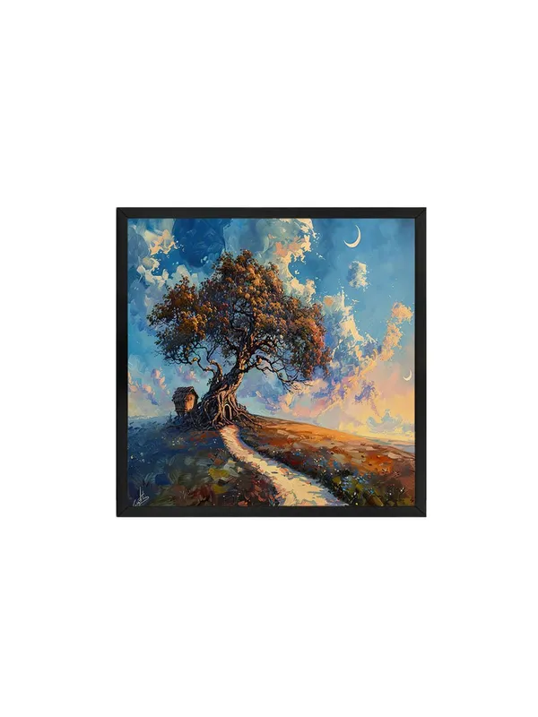 Box_Fiber_Frame_The_Path_of_Tranquility_with_the_tree_and_a_winding_path_leading_to_a_small_house_under_a_crescent_moontree_of_life_painting_(BLF36X360186)