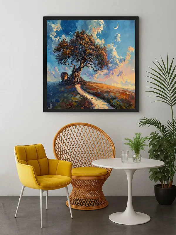 Box_Fiber_Frame_The_Path_of_Tranquility_with_the_tree_and_a_winding_path_leading_to_a_small_house_under_a_crescent_moontree_of_life_painting_(BLF36X360186)