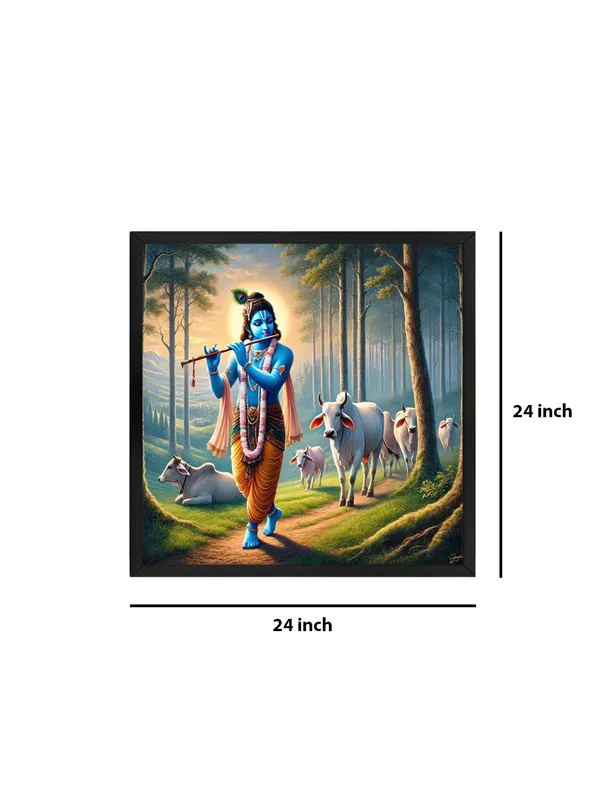 Box_Fiber_Frame_Lord_Krishna_with_Cows:_A_Divine_Canvas_Painting_Showcasing_Krishna�s_Blissful_Presence_Amidst_Nature_(BLF24X240306)