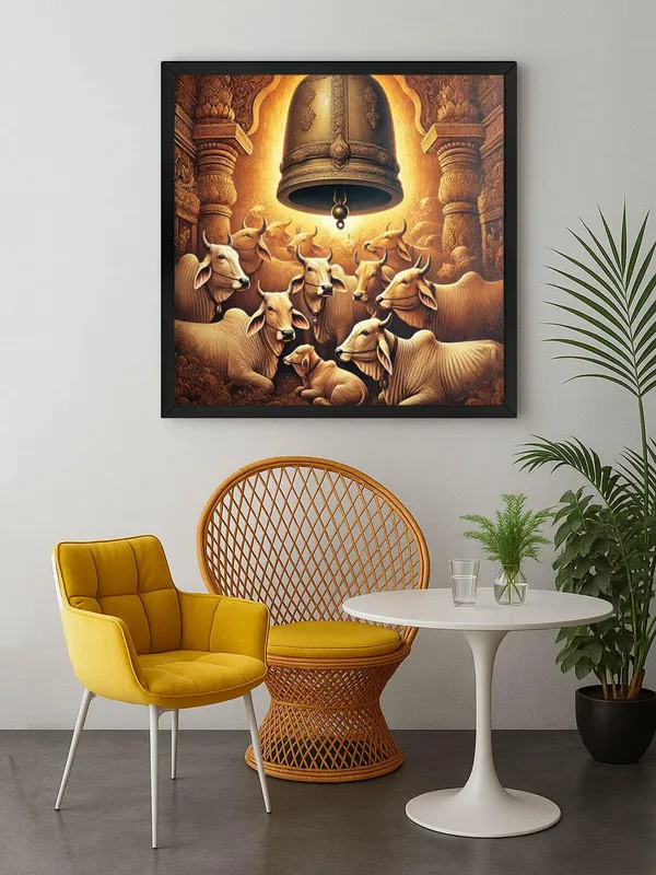 Box_Fiber_Frame_Cows_Resting_Underneath_a_Large_Temple_Bell_-_Canvas_Painting_|_Sacred_Animal_Art,_Indian_Cultural_Painting,_Hindu_Symbolism_Decor_(BLF36X360248)