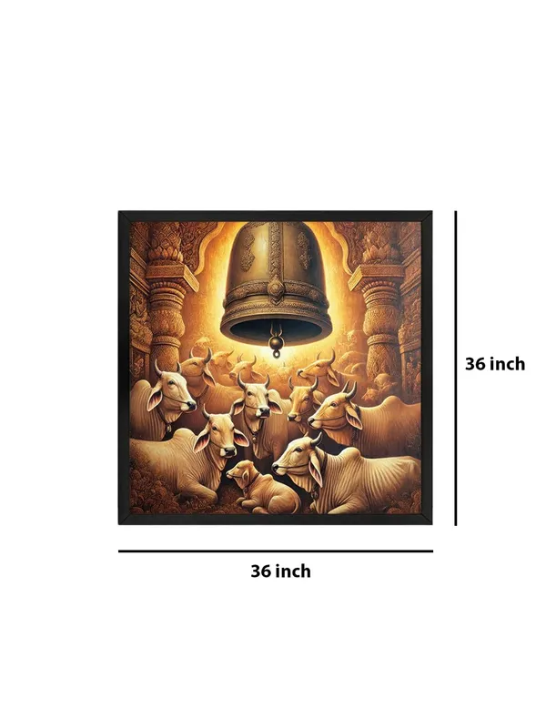 Box_Fiber_Frame_Cows_Resting_Underneath_a_Large_Temple_Bell_-_Canvas_Painting_|_Sacred_Animal_Art,_Indian_Cultural_Painting,_Hindu_Symbolism_Decor_(BLF36X360248)