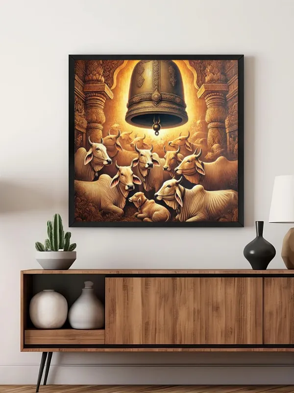 Box_Fiber_Frame_Cows_Resting_Underneath_a_Large_Temple_Bell_-_Canvas_Painting_|_Sacred_Animal_Art,_Indian_Cultural_Painting,_Hindu_Symbolism_Decor_(BLF36X360248)