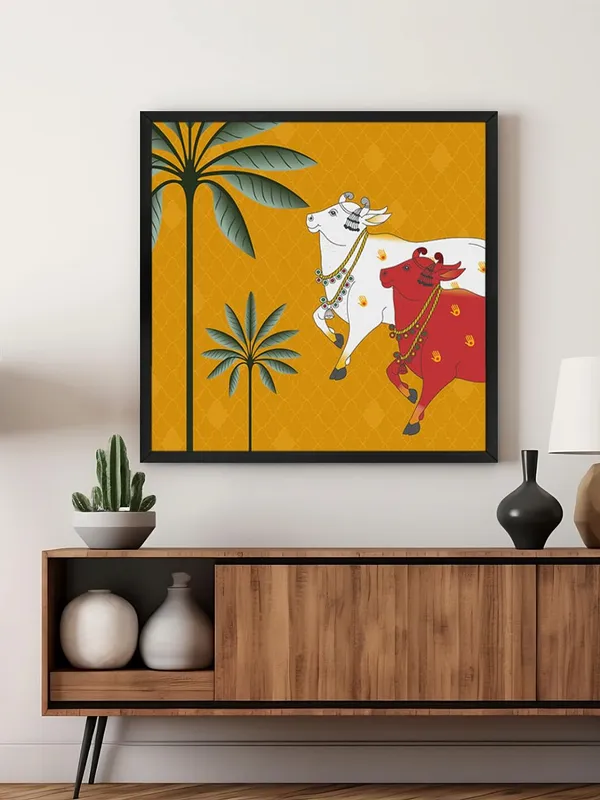 Box_Fiber_Frame_Traditional_Indian_Cow_pichwai_Art_Print_-_Colorful_White_and_Red_Cows_with_Palm_Trees_on_Golden_Background_(BLF36X360142)