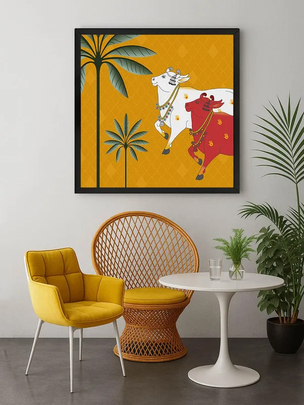 Box_Fiber_Frame_Traditional_Indian_Cow_pichwai_Art_Print_-_Colorful_White_and_Red_Cows_with_Palm_Trees_on_Golden_Background_(BLF36X360142)