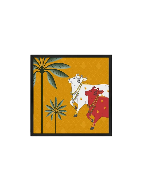 Box_Fiber_Frame_Traditional_Indian_Cow_pichwai_Art_Print_-_Colorful_White_and_Red_Cows_with_Palm_Trees_on_Golden_Background_(BLF36X360142)